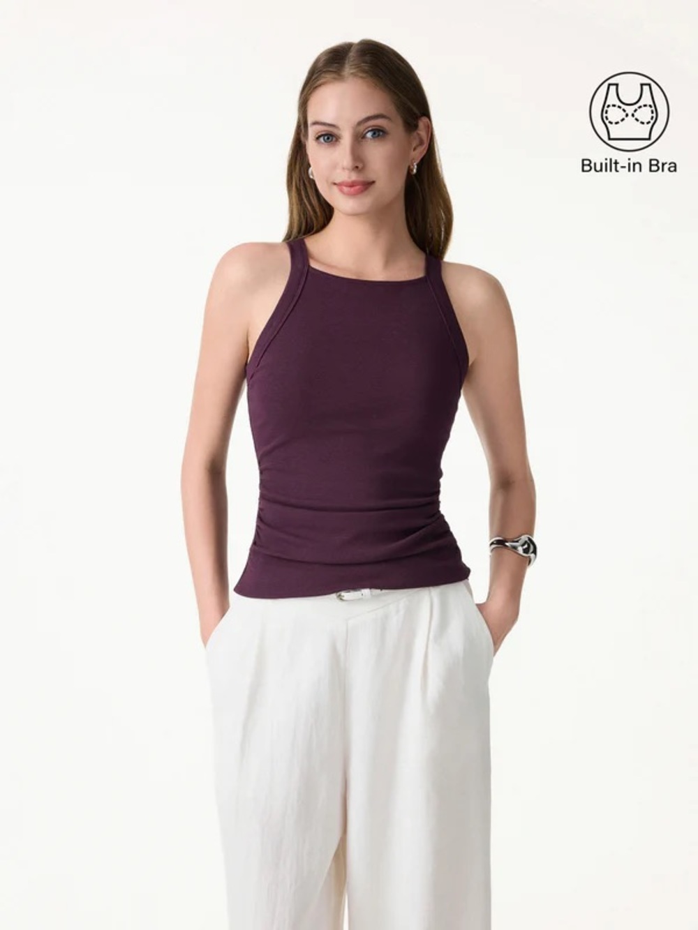 OGL Plantive Chic Square Neck Ruched Rib Bra Tank